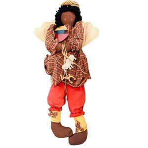 Vintage Hand Made African American Cloth Doll Angel Wood Animal Accents 22" Tall